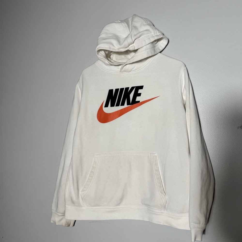 Nike Hoodie White Orange Swoosh Logo Pullover Sweatshirt Youth XL Standard Fit